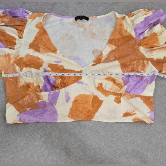 Eloquii Linen Blend Puff Sleeve V Neck Top Cream Orange Lavender Print Size 24 - Picture 6 of 9